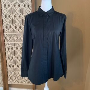 Antonio Melani Black Cotton Button Up Collar Pleated Ruffle Train Back Blouse M